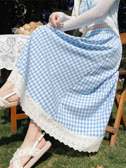 Gingham Lace Trim Midi Skirt