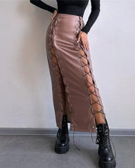 Lace-Up Faux Leather Midi Skirt